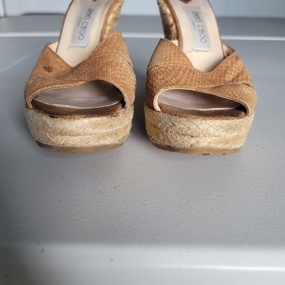 Jimmy Choo Tan Leather Wedge Slides Sandals Size 39 Made in Italy - Picture 4 of 12